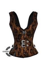 Brown Satin Net Covered Shoulder Strap Gothic Burlesque Bustier Waist Training Overbust Corset Costume
